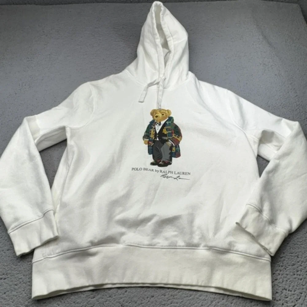 Polo Ralph Lauren Hoodie Mens Large White Pullover Preppy Bear Robe‎ Academic